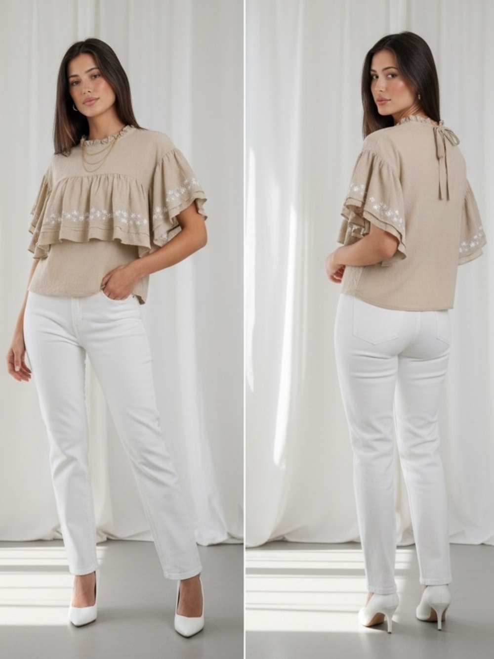 Listicle alisha ruffle sleeve top natural linen beige oatmeal cream color